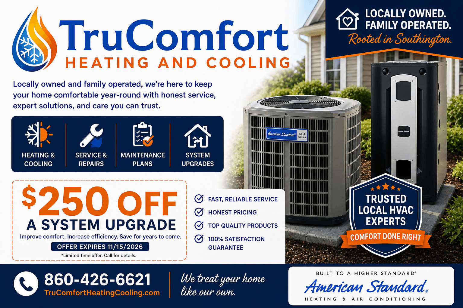TruComfort Heating and Cooling direct mail advertisement featuring $250 off a system upgrade